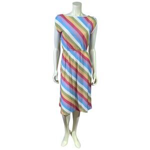 Vintage Jeni Blair of California Diagonal Stripe Midi Dress Pastel Rainbow Sz 3